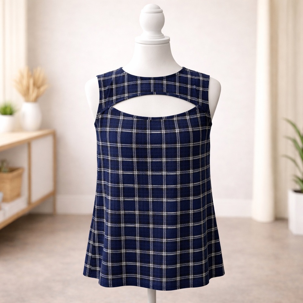 White Birch S/M/L/XL Navy Grid Cutout Tank Stretchy Sleeveless Top NWOT